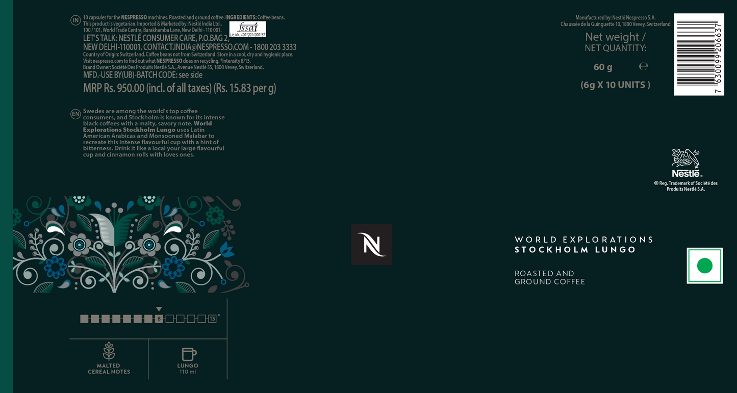 Nespresso Coffee Pods - World Explorations Stockholm Lungo - 1 sleeve (6g x 10 capsules)