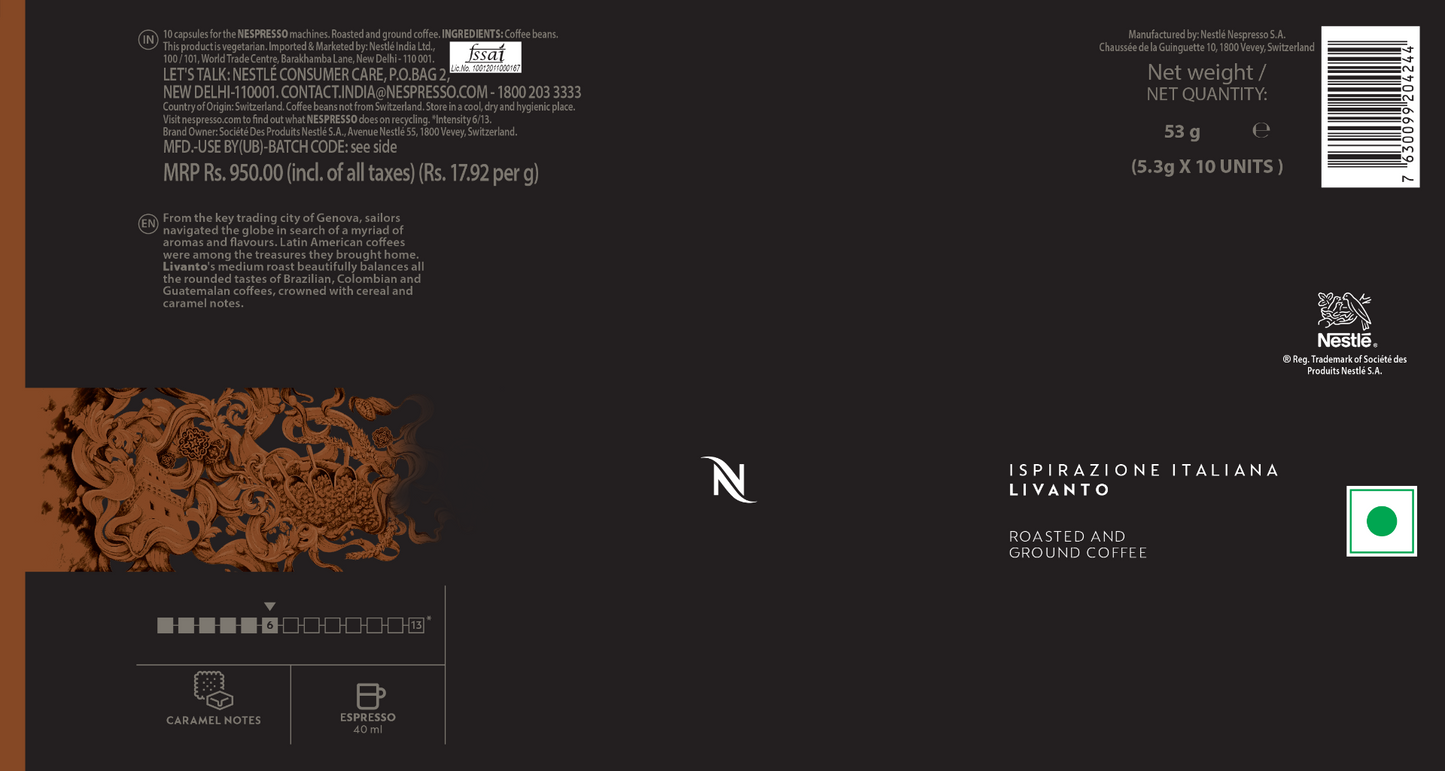 Nespresso Coffee Pods - Ispirazione Italiana Livanto - 1 sleeve (5.3g x 10 capsules)